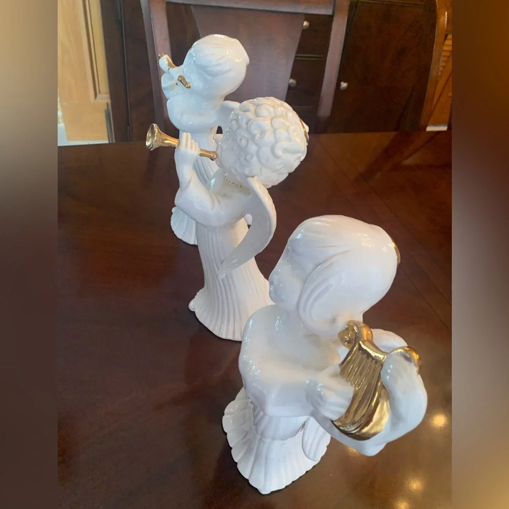 3 ATLANTIC MOLD 12 INCH TALL CERAMIC ANGELS PLAYING CHRISTMAS HYMNS PREOWNED